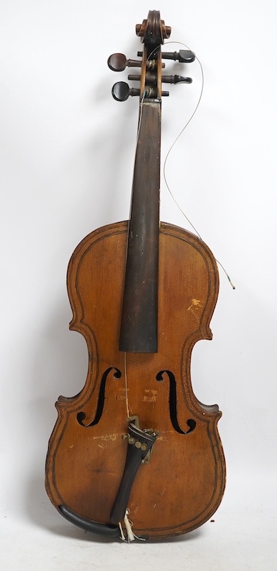 Two late 19th or early 20th century violins, one with case, back of largest measures 36cm. Condition - poor to fair